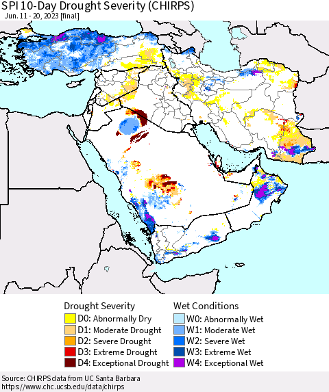 Middle East and Turkey SPI 10-Day Drought Severity (CHIRPS) Thematic Map For 6/11/2023 - 6/20/2023