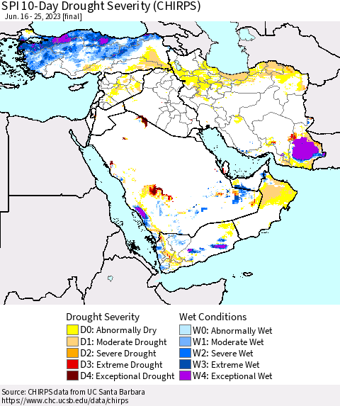 Middle East and Turkey SPI 10-Day Drought Severity (CHIRPS) Thematic Map For 6/16/2023 - 6/25/2023