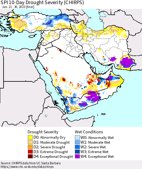 Middle East and Turkey SPI 10-Day Drought Severity (CHIRPS) Thematic Map For 6/21/2023 - 6/30/2023