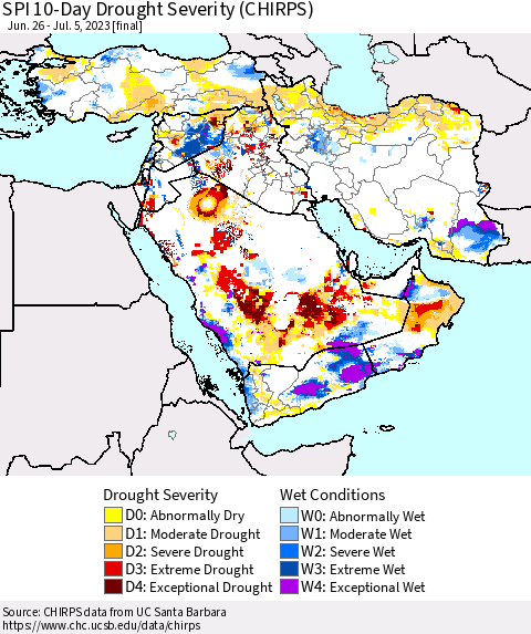 Middle East and Turkey SPI 10-Day Drought Severity (CHIRPS) Thematic Map For 6/26/2023 - 7/5/2023