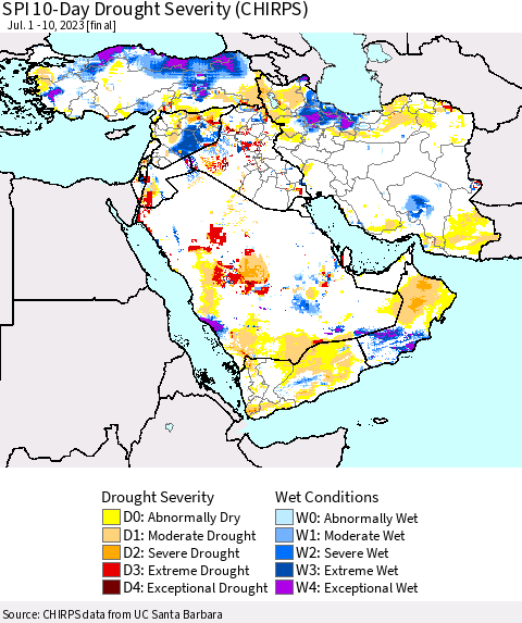 Middle East and Turkey SPI 10-Day Drought Severity (CHIRPS) Thematic Map For 7/1/2023 - 7/10/2023