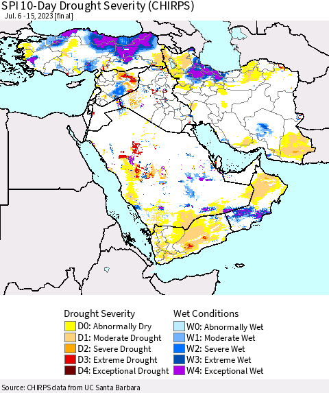 Middle East and Turkey SPI 10-Day Drought Severity (CHIRPS) Thematic Map For 7/6/2023 - 7/15/2023