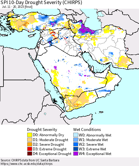 Middle East and Turkey SPI 10-Day Drought Severity (CHIRPS) Thematic Map For 7/11/2023 - 7/20/2023