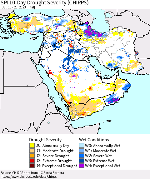 Middle East and Turkey SPI 10-Day Drought Severity (CHIRPS) Thematic Map For 7/16/2023 - 7/25/2023
