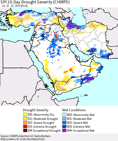 Middle East and Turkey SPI 10-Day Drought Severity (CHIRPS) Thematic Map For 7/21/2023 - 7/31/2023