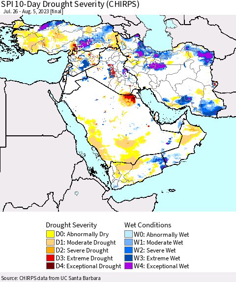 Middle East and Turkey SPI 10-Day Drought Severity (CHIRPS) Thematic Map For 7/26/2023 - 8/5/2023