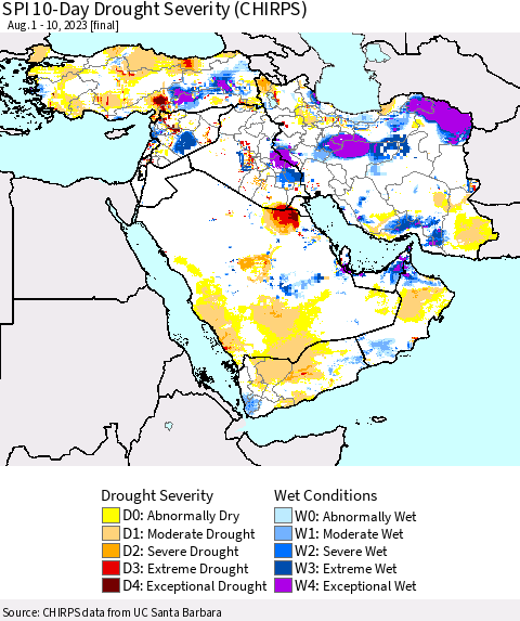 Middle East and Turkey SPI 10-Day Drought Severity (CHIRPS) Thematic Map For 8/1/2023 - 8/10/2023