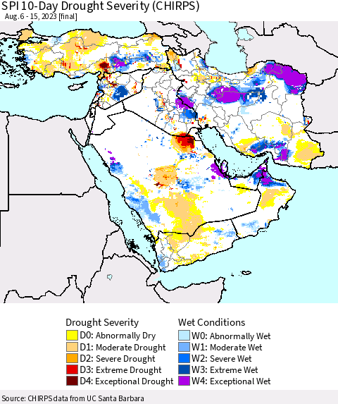 Middle East and Turkey SPI 10-Day Drought Severity (CHIRPS) Thematic Map For 8/6/2023 - 8/15/2023