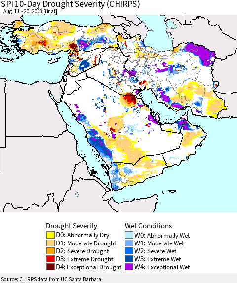 Middle East and Turkey SPI 10-Day Drought Severity (CHIRPS) Thematic Map For 8/11/2023 - 8/20/2023
