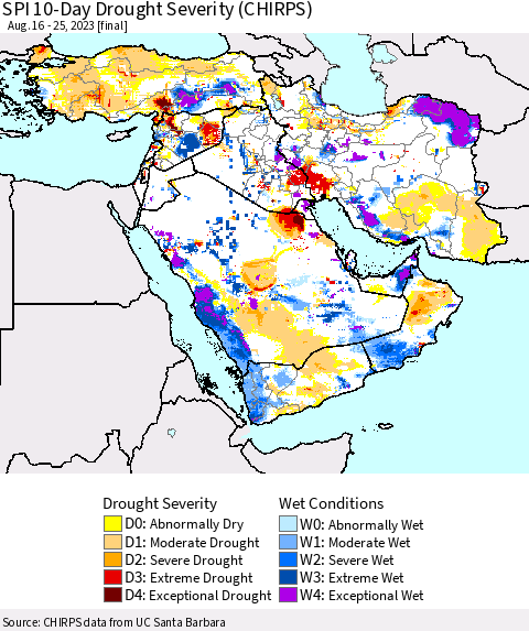 Middle East and Turkey SPI 10-Day Drought Severity (CHIRPS) Thematic Map For 8/16/2023 - 8/25/2023