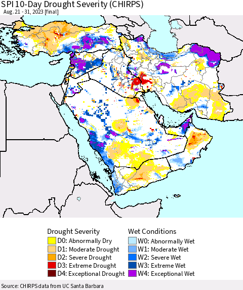 Middle East and Turkey SPI 10-Day Drought Severity (CHIRPS) Thematic Map For 8/21/2023 - 8/31/2023