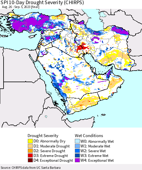 Middle East and Turkey SPI 10-Day Drought Severity (CHIRPS) Thematic Map For 8/26/2023 - 9/5/2023