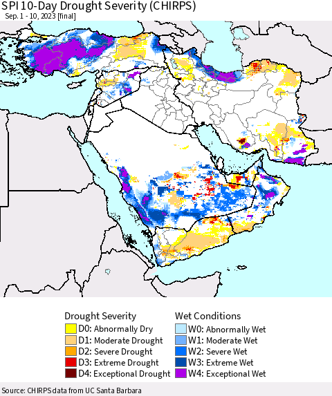 Middle East and Turkey SPI 10-Day Drought Severity (CHIRPS) Thematic Map For 9/1/2023 - 9/10/2023