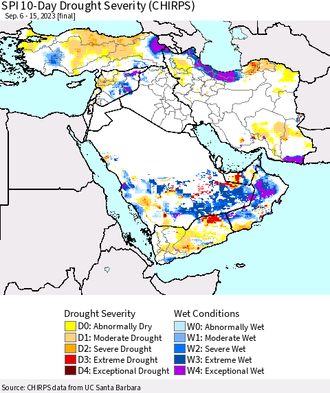 Middle East and Turkey SPI 10-Day Drought Severity (CHIRPS) Thematic Map For 9/6/2023 - 9/15/2023