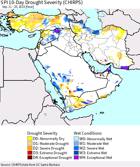Middle East and Turkey SPI 10-Day Drought Severity (CHIRPS) Thematic Map For 9/11/2023 - 9/20/2023