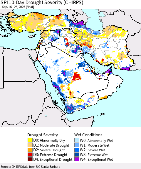 Middle East and Turkey SPI 10-Day Drought Severity (CHIRPS) Thematic Map For 9/16/2023 - 9/25/2023