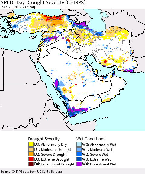 Middle East and Turkey SPI 10-Day Drought Severity (CHIRPS) Thematic Map For 9/21/2023 - 9/30/2023