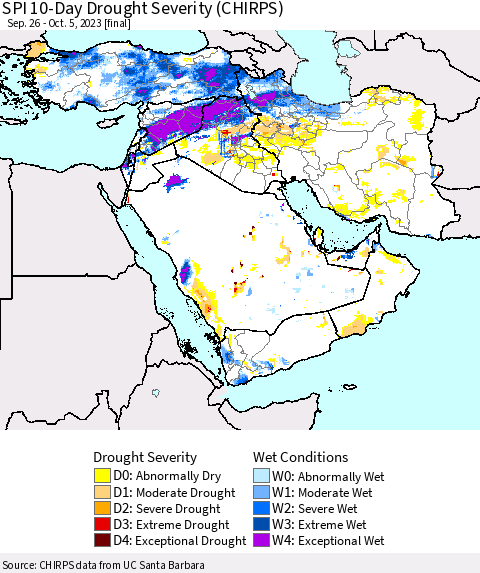 Middle East and Turkey SPI 10-Day Drought Severity (CHIRPS) Thematic Map For 9/26/2023 - 10/5/2023