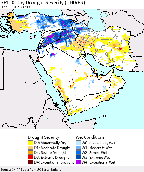 Middle East and Turkey SPI 10-Day Drought Severity (CHIRPS) Thematic Map For 10/1/2023 - 10/10/2023