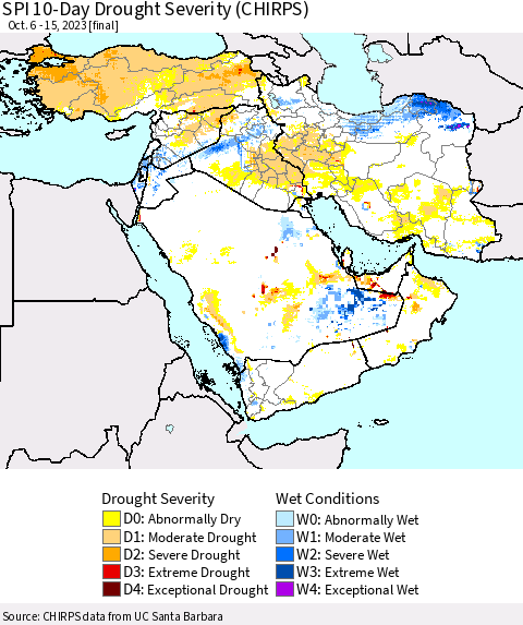 Middle East and Turkey SPI 10-Day Drought Severity (CHIRPS) Thematic Map For 10/6/2023 - 10/15/2023