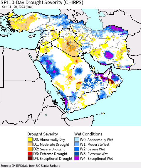 Middle East and Turkey SPI 10-Day Drought Severity (CHIRPS) Thematic Map For 10/11/2023 - 10/20/2023