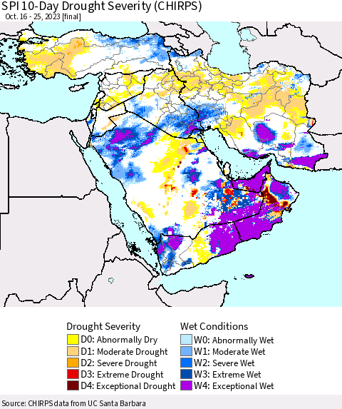Middle East and Turkey SPI 10-Day Drought Severity (CHIRPS) Thematic Map For 10/16/2023 - 10/25/2023