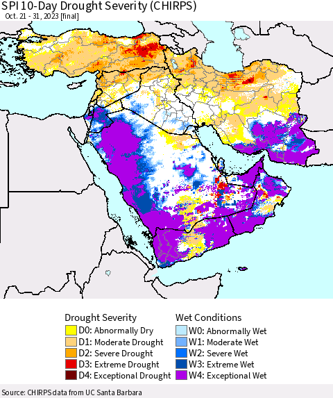 Middle East and Turkey SPI 10-Day Drought Severity (CHIRPS) Thematic Map For 10/21/2023 - 10/31/2023
