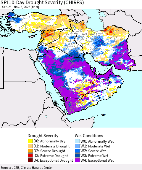 Middle East and Turkey SPI 10-Day Drought Severity (CHIRPS) Thematic Map For 10/26/2023 - 11/5/2023