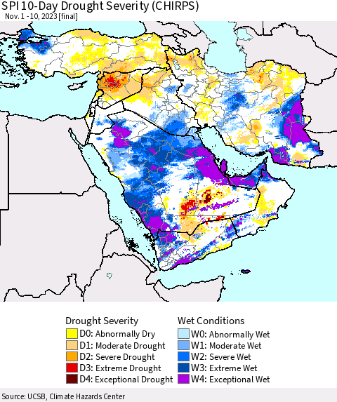 Middle East and Turkey SPI 10-Day Drought Severity (CHIRPS) Thematic Map For 11/1/2023 - 11/10/2023