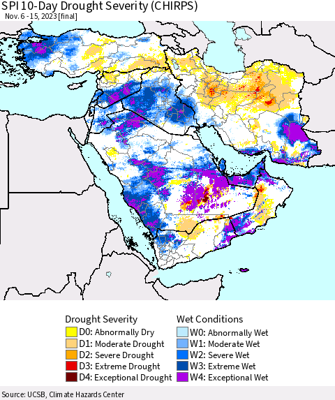 Middle East and Turkey SPI 10-Day Drought Severity (CHIRPS) Thematic Map For 11/6/2023 - 11/15/2023