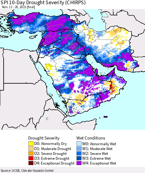 Middle East and Turkey SPI 10-Day Drought Severity (CHIRPS) Thematic Map For 11/11/2023 - 11/20/2023