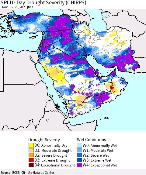 Middle East and Turkey SPI 10-Day Drought Severity (CHIRPS) Thematic Map For 11/16/2023 - 11/25/2023