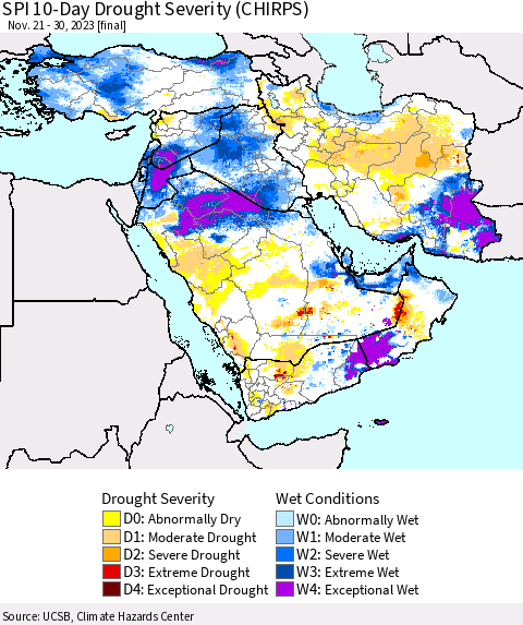 Middle East and Turkey SPI 10-Day Drought Severity (CHIRPS) Thematic Map For 11/21/2023 - 11/30/2023