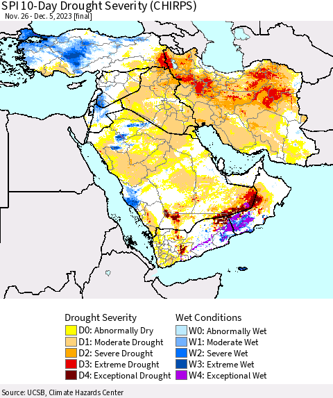 Middle East and Turkey SPI 10-Day Drought Severity (CHIRPS) Thematic Map For 11/26/2023 - 12/5/2023