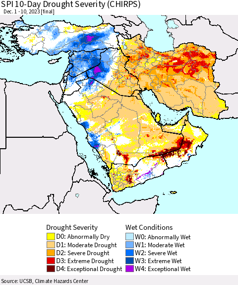 Middle East and Turkey SPI 10-Day Drought Severity (CHIRPS) Thematic Map For 12/1/2023 - 12/10/2023