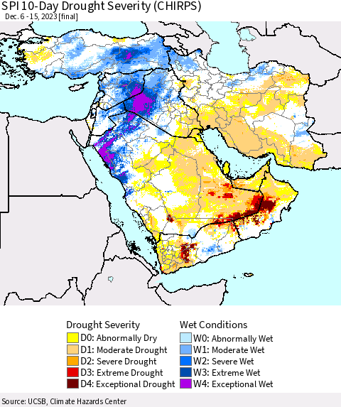 Middle East and Turkey SPI 10-Day Drought Severity (CHIRPS) Thematic Map For 12/6/2023 - 12/15/2023