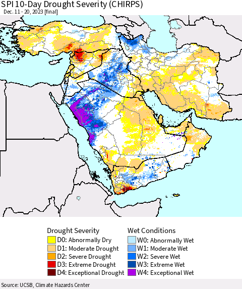Middle East and Turkey SPI 10-Day Drought Severity (CHIRPS) Thematic Map For 12/11/2023 - 12/20/2023