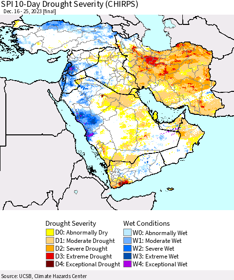 Middle East and Turkey SPI 10-Day Drought Severity (CHIRPS) Thematic Map For 12/16/2023 - 12/25/2023