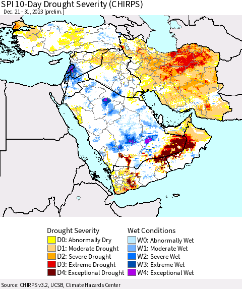 Middle East and Turkey SPI 10-Day Drought Severity (CHIRPS) Thematic Map For 12/21/2023 - 12/31/2023