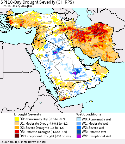 Middle East and Turkey SPI 10-Day Drought Severity (CHIRPS) Thematic Map For 12/26/2023 - 1/5/2024