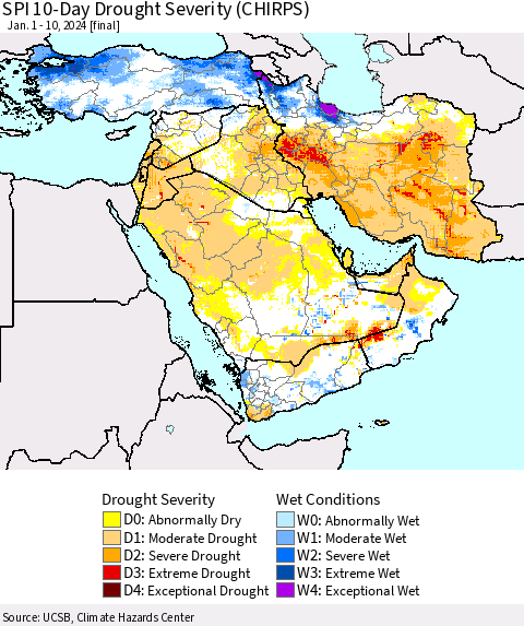 Middle East and Turkey SPI 10-Day Drought Severity (CHIRPS) Thematic Map For 1/1/2024 - 1/10/2024