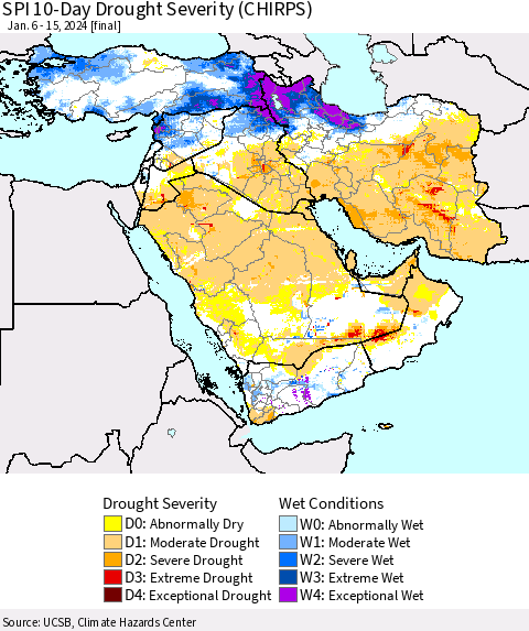 Middle East and Turkey SPI 10-Day Drought Severity (CHIRPS) Thematic Map For 1/6/2024 - 1/15/2024