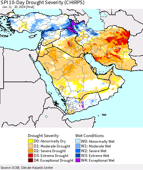 Middle East and Turkey SPI 10-Day Drought Severity (CHIRPS) Thematic Map For 1/11/2024 - 1/20/2024