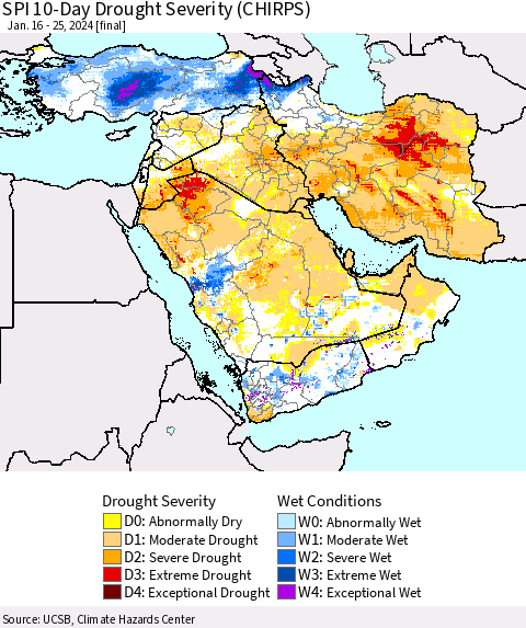 Middle East and Turkey SPI 10-Day Drought Severity (CHIRPS) Thematic Map For 1/16/2024 - 1/25/2024