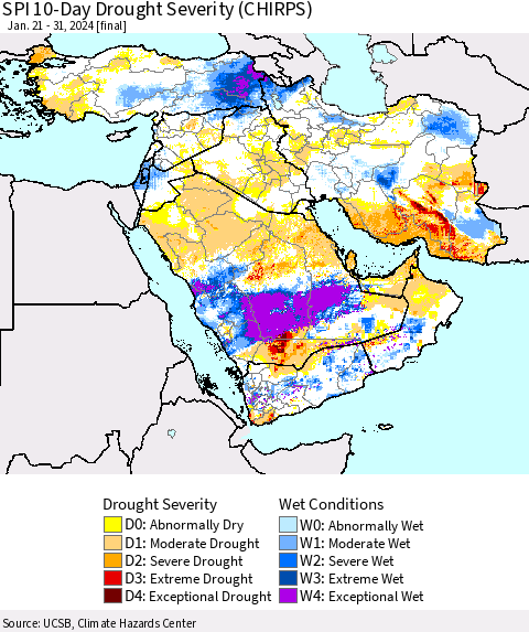 Middle East and Turkey SPI 10-Day Drought Severity (CHIRPS) Thematic Map For 1/21/2024 - 1/31/2024