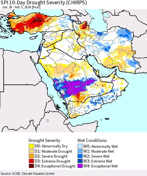Middle East and Turkey SPI 10-Day Drought Severity (CHIRPS) Thematic Map For 1/26/2024 - 2/5/2024