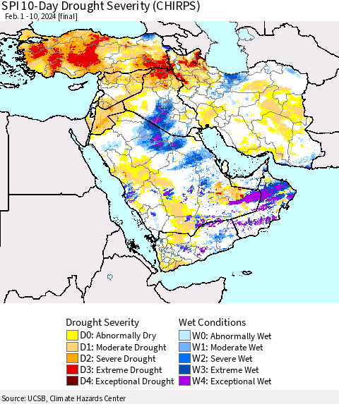 Middle East and Turkey SPI 10-Day Drought Severity (CHIRPS) Thematic Map For 2/1/2024 - 2/10/2024