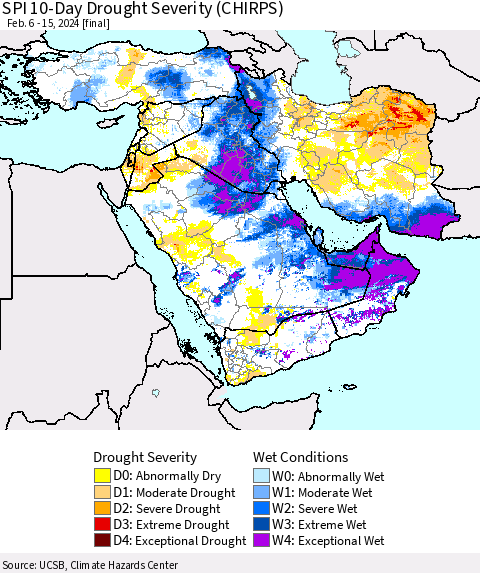 Middle East and Turkey SPI 10-Day Drought Severity (CHIRPS) Thematic Map For 2/6/2024 - 2/15/2024