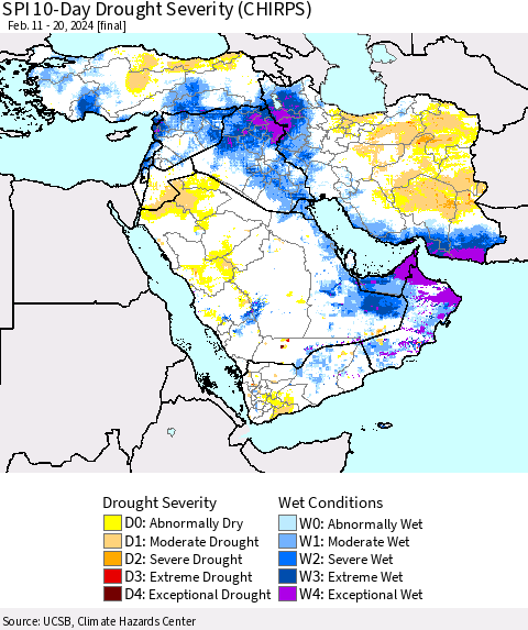 Middle East and Turkey SPI 10-Day Drought Severity (CHIRPS) Thematic Map For 2/11/2024 - 2/20/2024