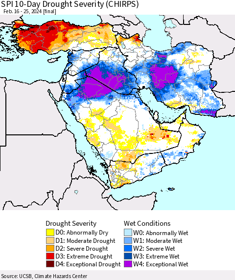 Middle East and Turkey SPI 10-Day Drought Severity (CHIRPS) Thematic Map For 2/16/2024 - 2/25/2024